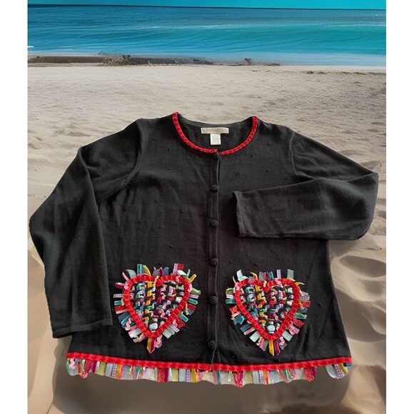 Arriviste Sweaters - Arriviste Woven Heart Button-Up Sweater Beads Colorful Ribbon Ladies Large